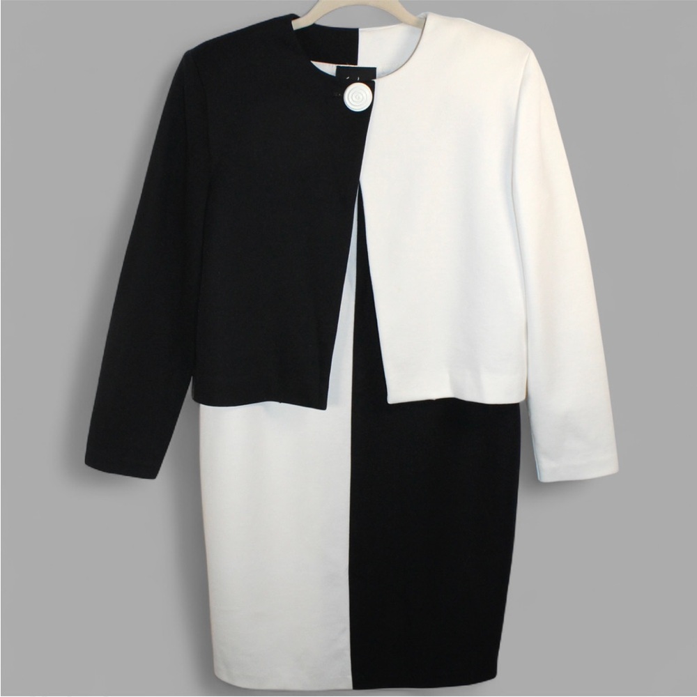 Vintage Mod B&W Colorblock Dress + Cropped Jacket Set | 2-Piece Monochrome